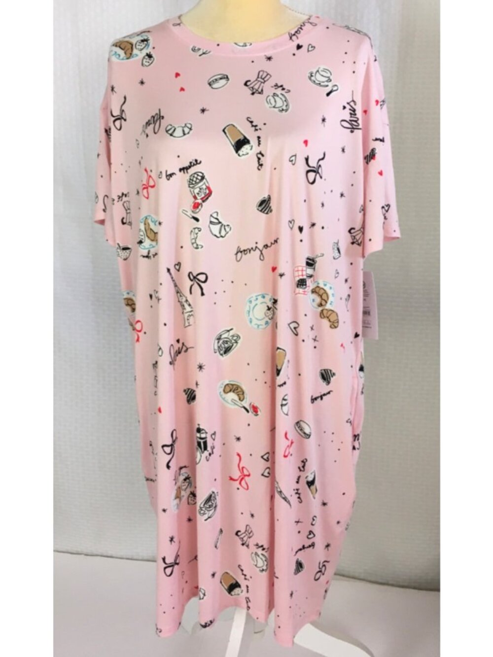 Joyspun Sleep Shirt Size L to XL Pink Paris Coffee Croissants Pockets New w Tag